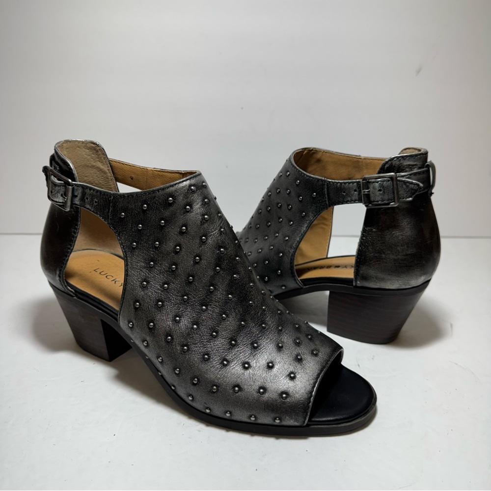 Lucky Brand Barimos Leather Open Toe Metallic Bootie Studs SZ 8 Buckle Ankle